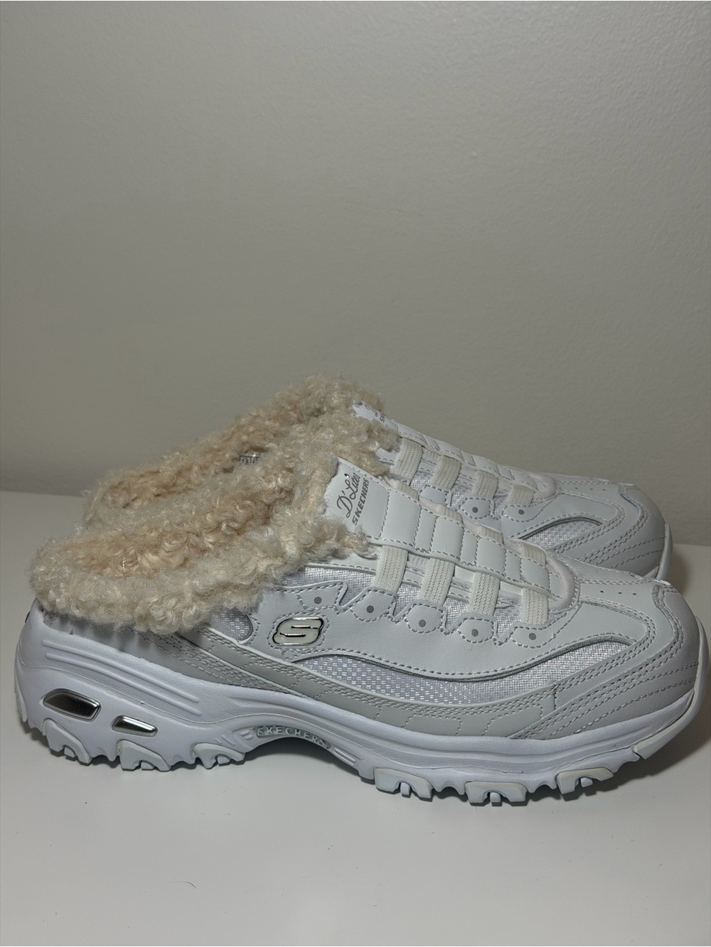 Skechers White Slip-On Sneakers with Cream Faux-Shearling Collar